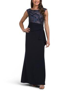 BRIANNA MILAY Metallic Embroidered Side Cascade Gown
